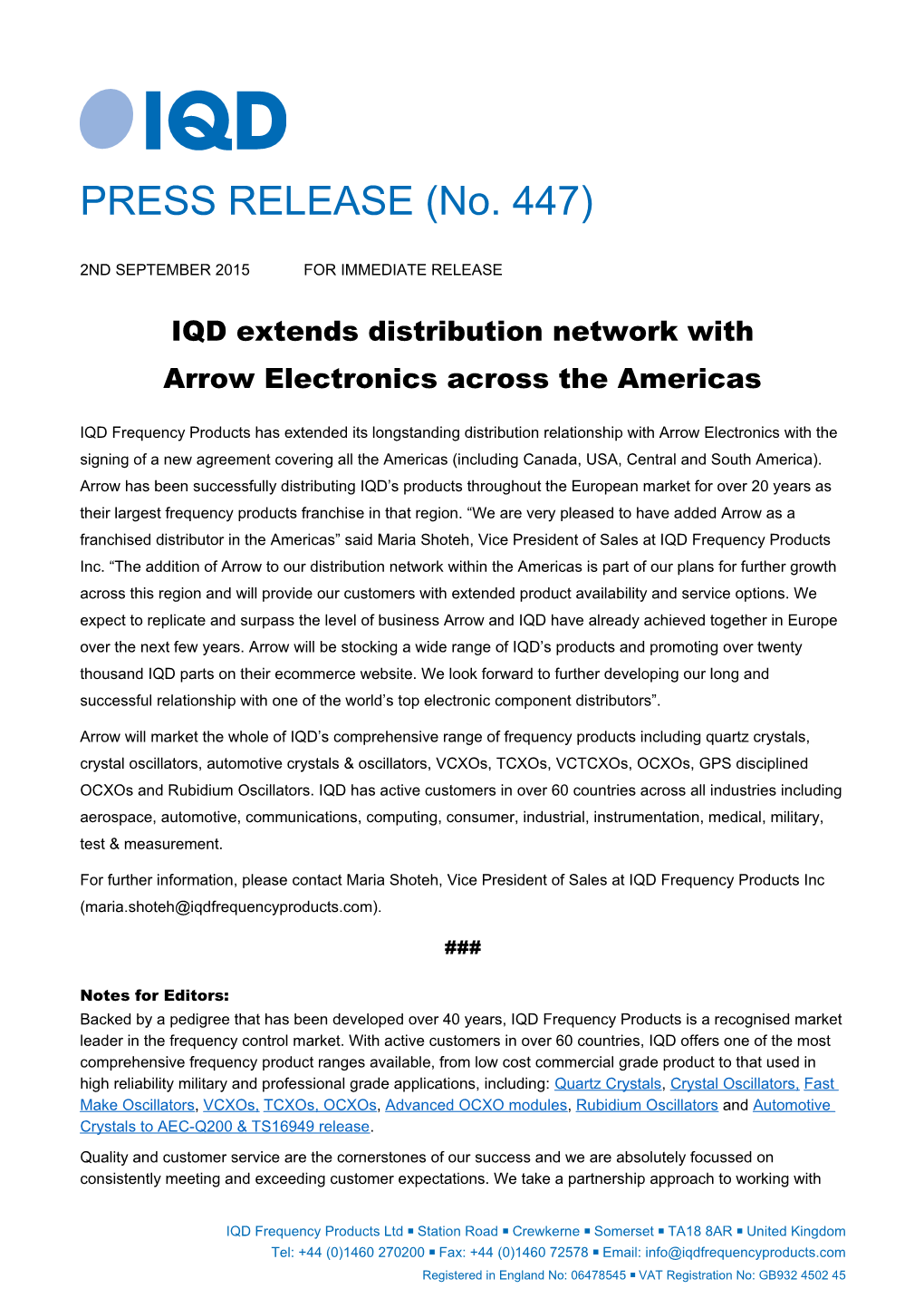 PRESS RELEASE (No. 447)