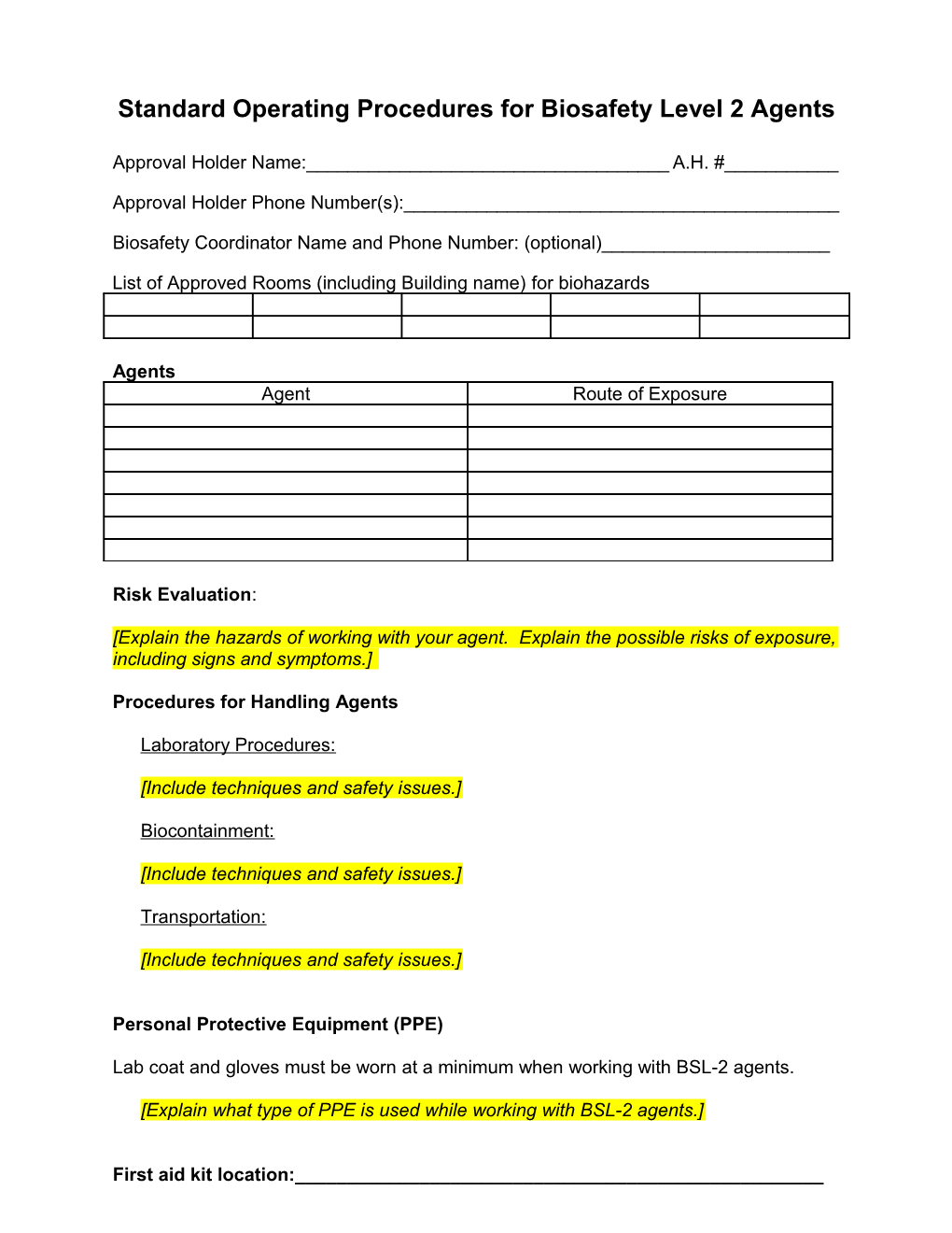 Standard Operating Procedures for Biosafety Level 2 Agents