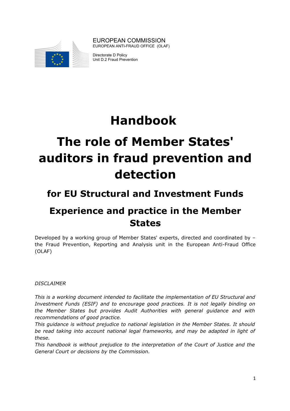 Handbook the Role of Member States' Auditors in Fraud Prevention and Detection for EU Structural
