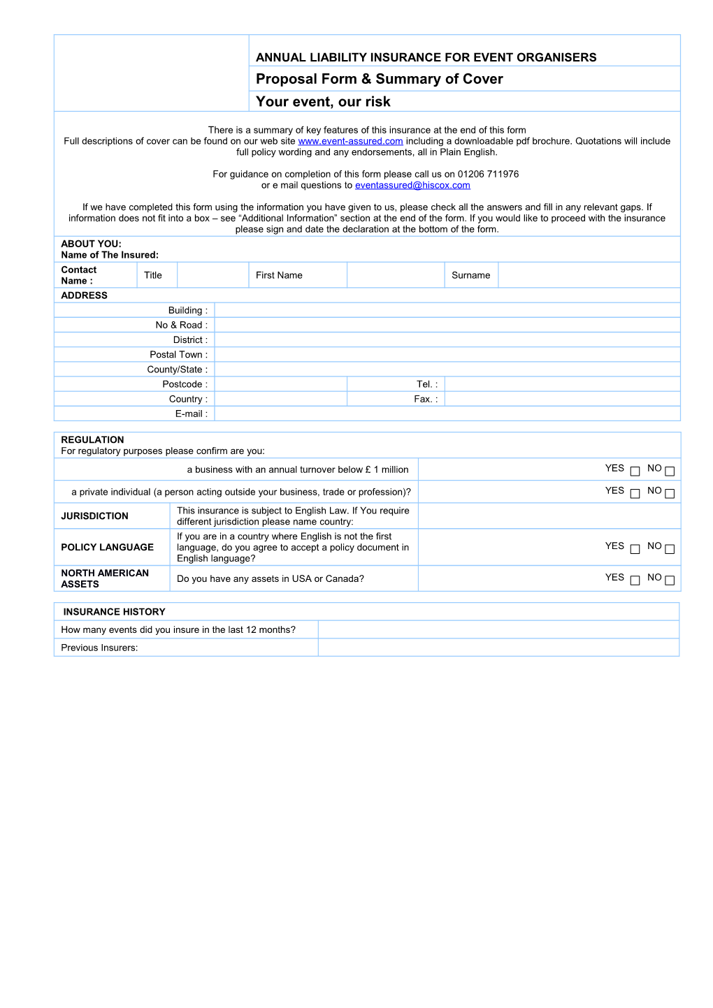 Proposal Form & Summary of Cover