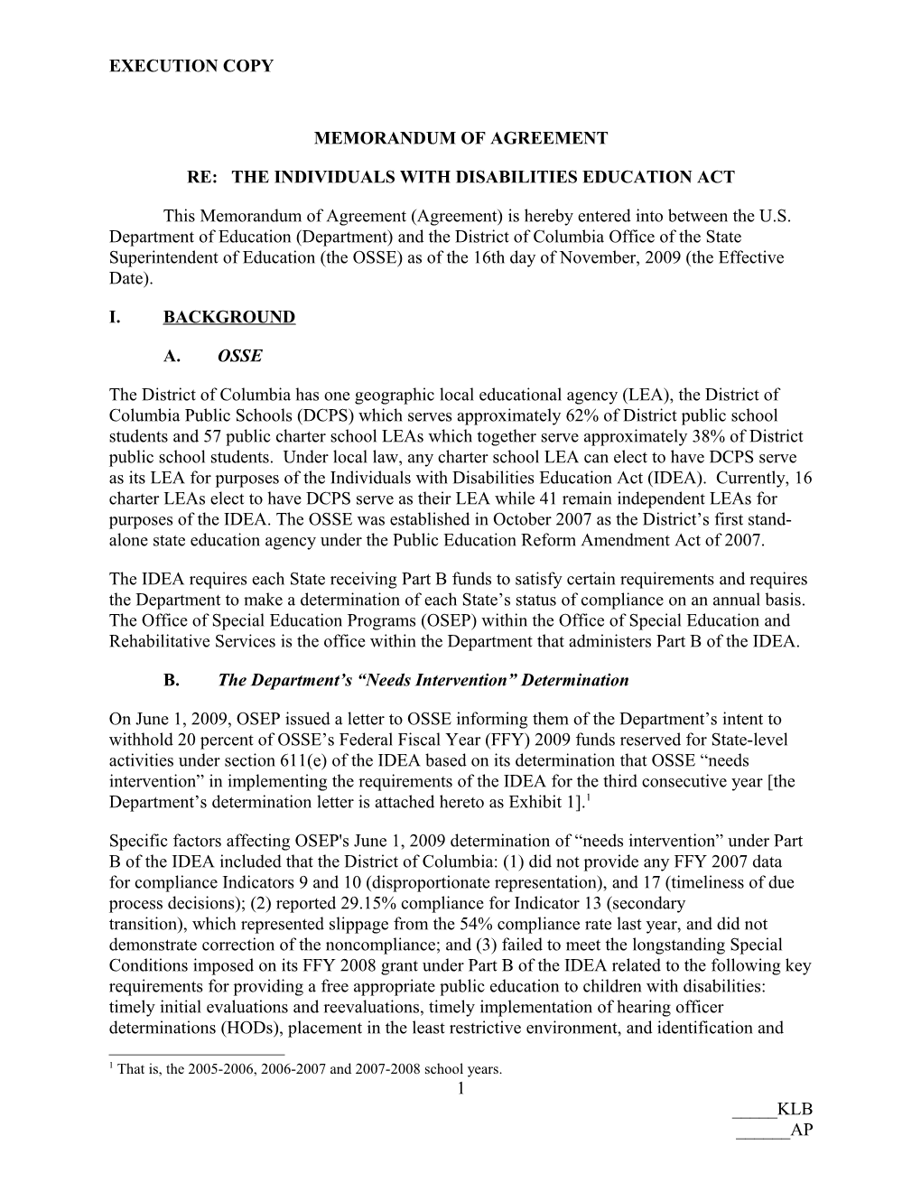 Memorandum of Agreement: U.S. Department of Education and the District of Columbia (MS Word)