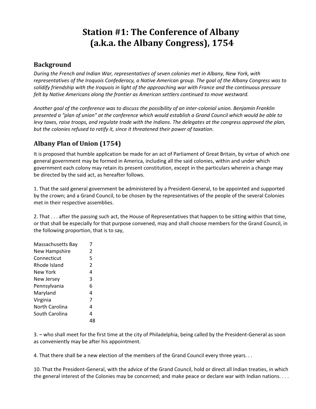 Station #1: the Conference of Albany (A.K.A. the Albany Congress), 1754