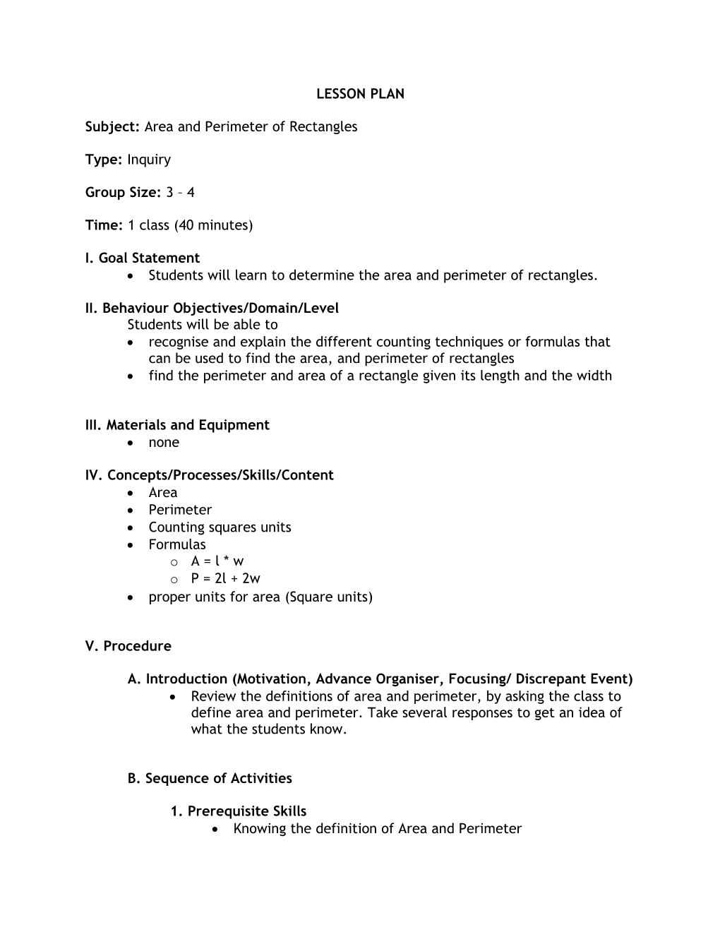 Subject: Area and Perimeter of Rectangles