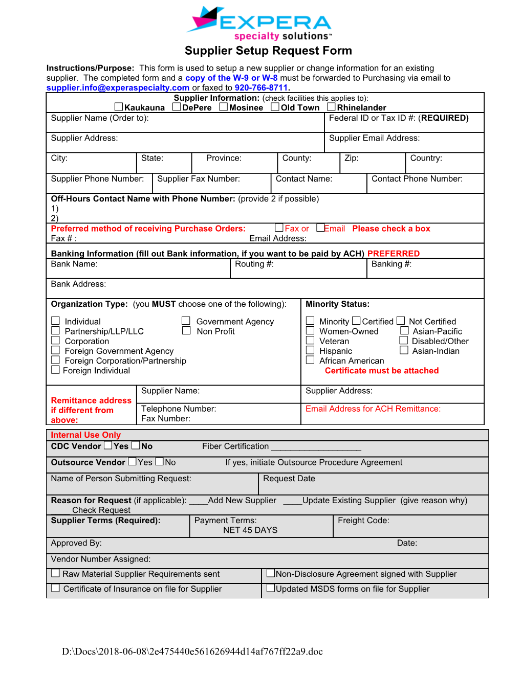 Supplier Setup Request Form