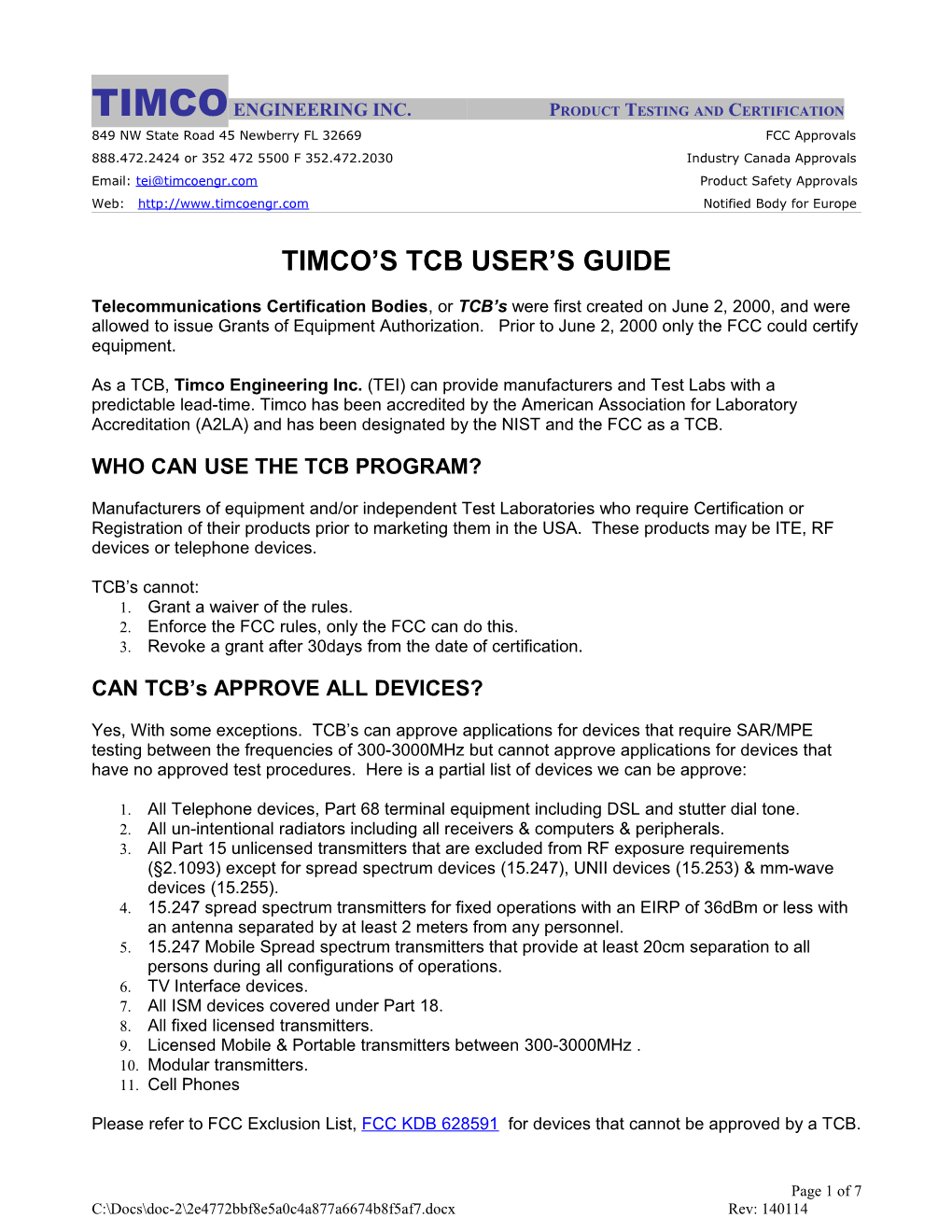 TIMCO ENGINEERING INC. Product Testing and Certification