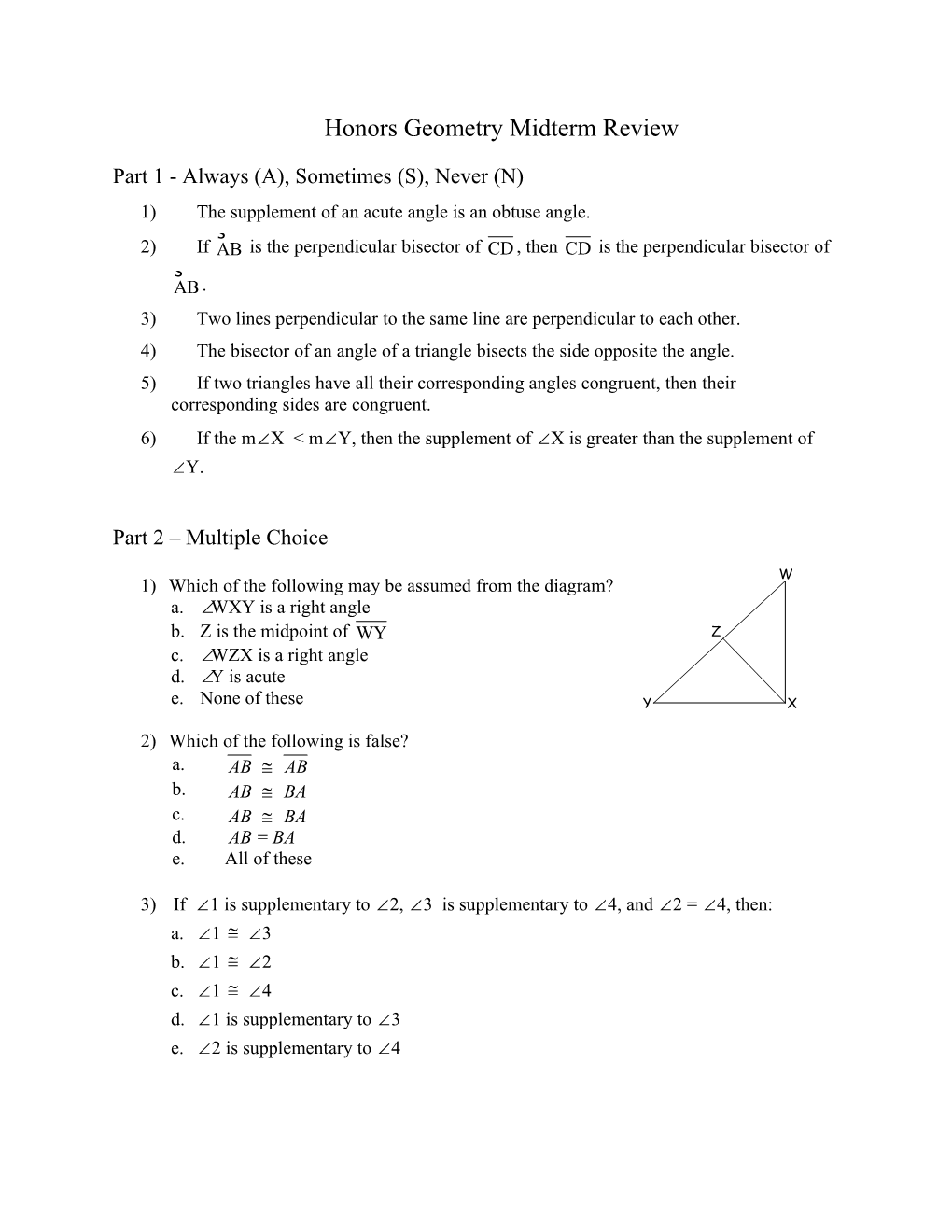 Honors Geometry Midterm Review