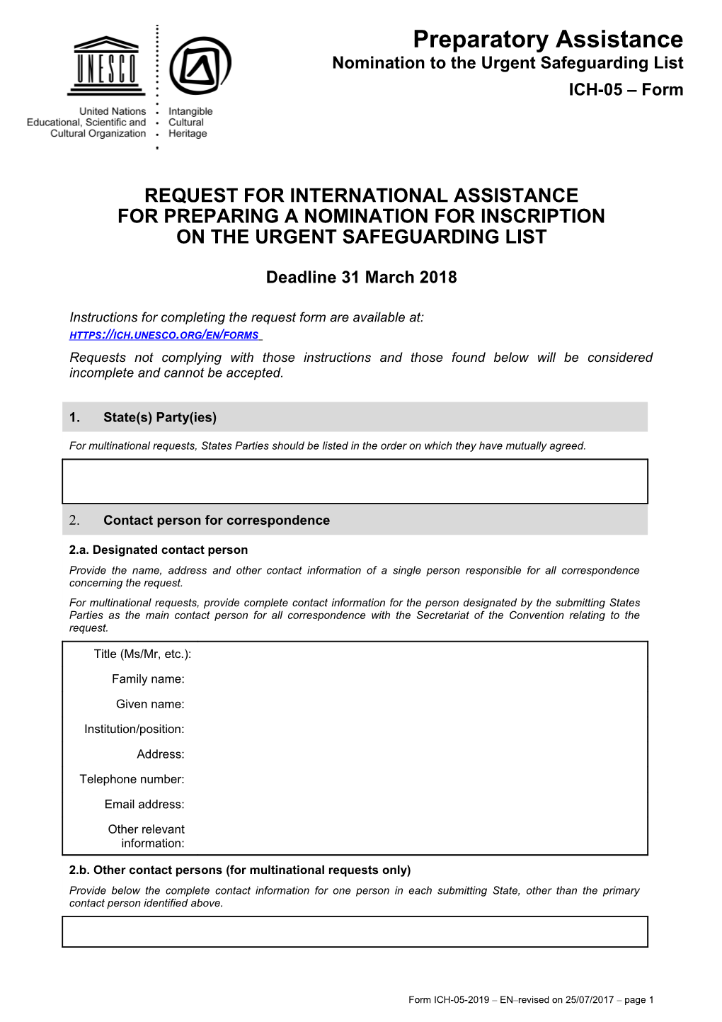 Request for INTERNATIONAL Assistance for Preparing a Nomination for Inscription on The