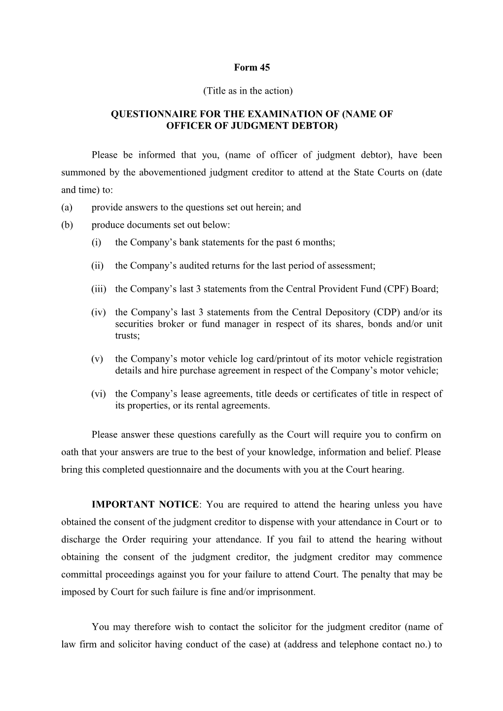 Questionnaire for the Examination of (Name of Officer of Judgment Debtor)