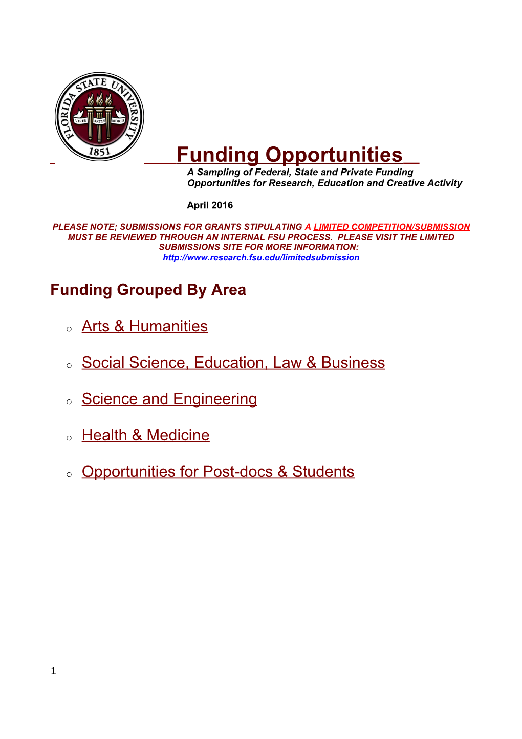 A Sampling of Federal, State and Private Funding Opportunities for Research, Education