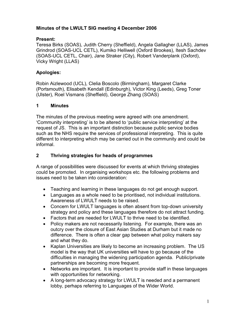 Minutes of the LWULT SIG Meeting 4 December 2006