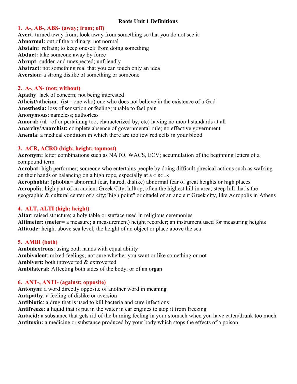 Roots Unit 1 Definitions