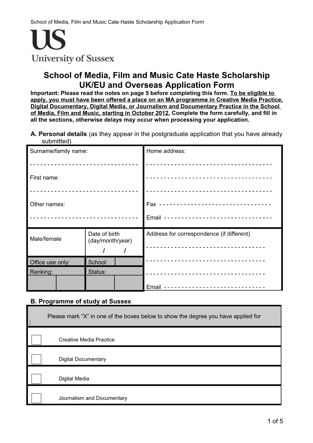 Application Form for Mandela Scholarship