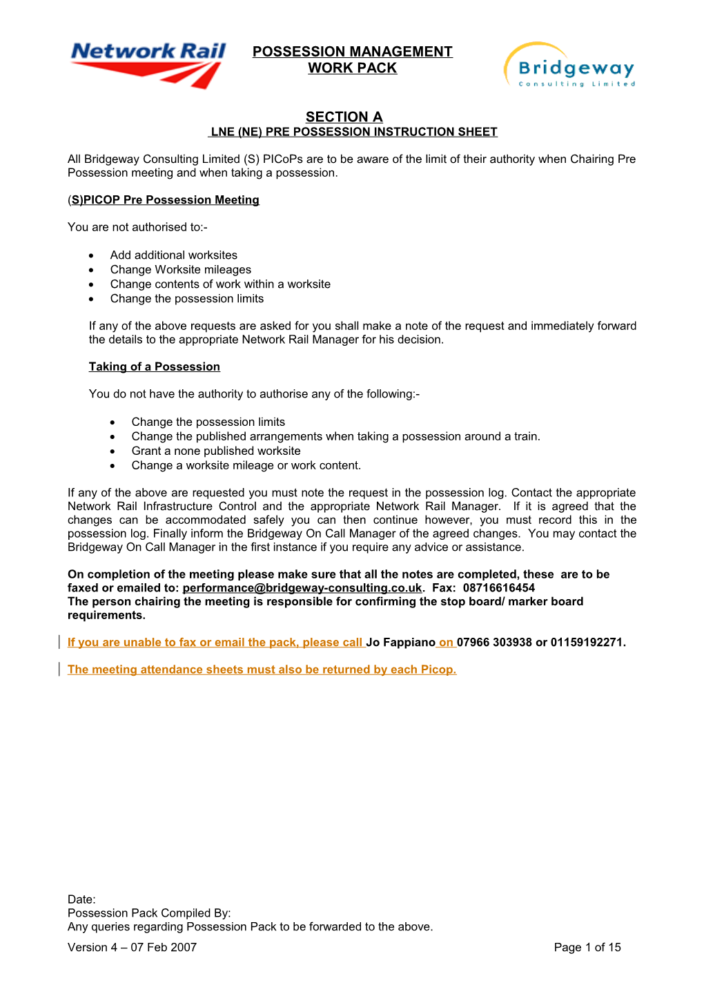 Lne (Ne) Pre Possession Instruction Sheet