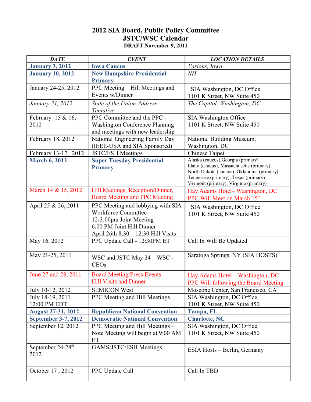 2008 SIA Board, PPC, JSTC/WSC Calendar