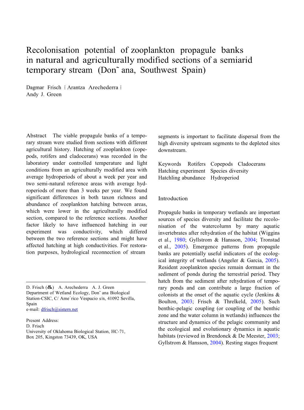 Recolonisation Potential of Zooplankton Propagule Banks