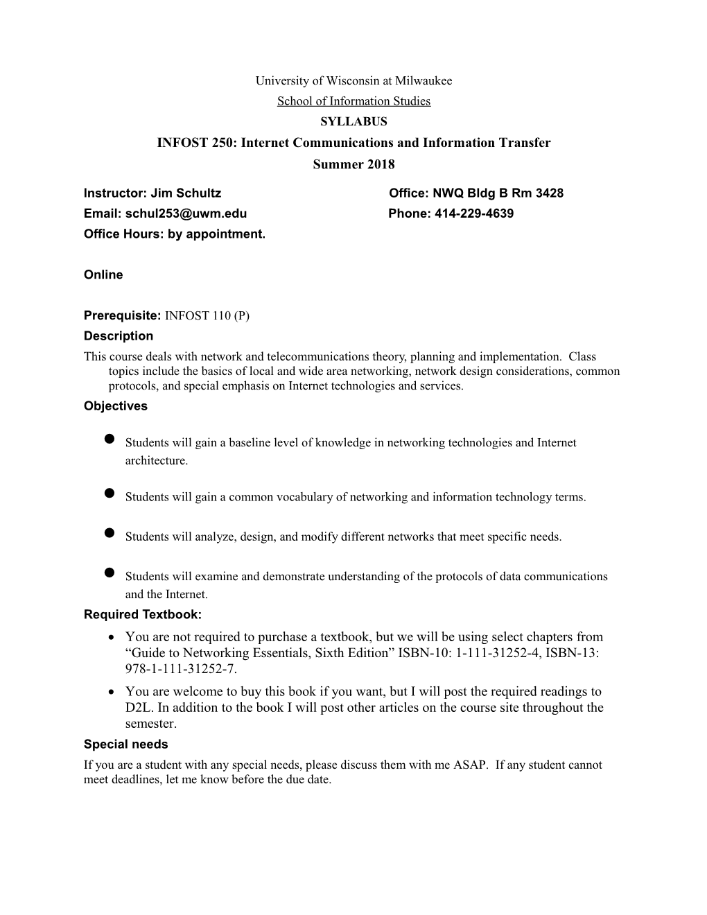 INFOST 250: Internet Communications and Information Transfer