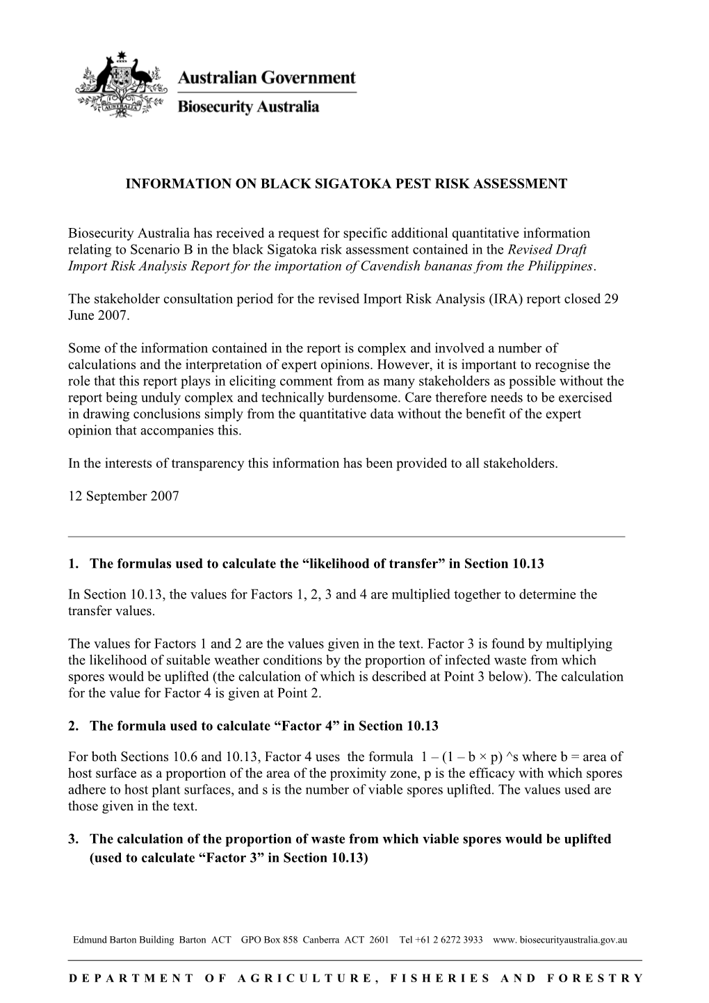 Information on Black Sigatoka Pest Risk Assessment