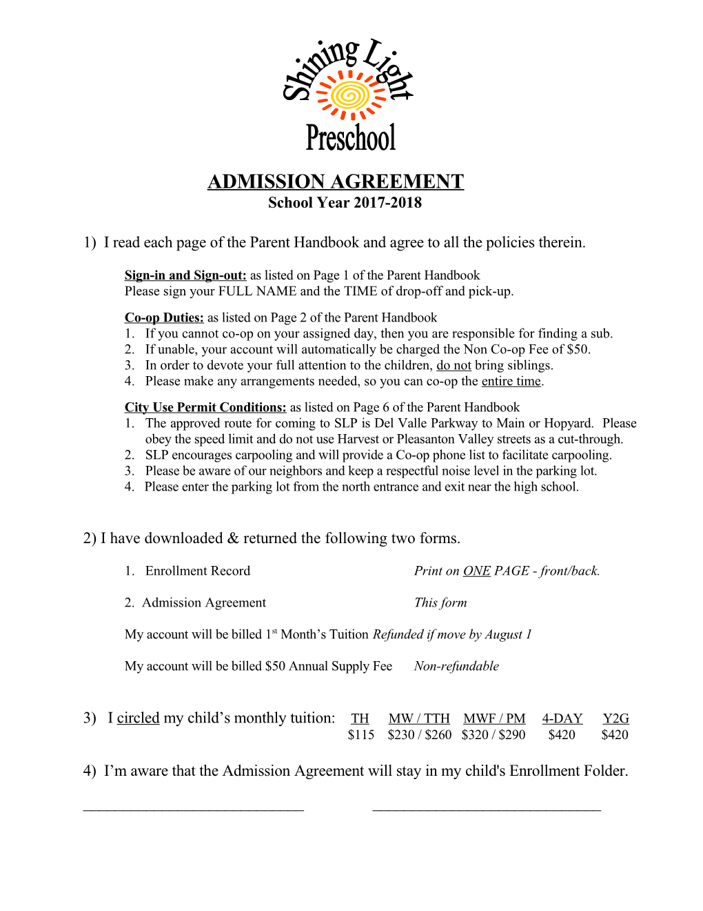 ADMISSION AGREEMENT for 1998-1999 SCHOOL YEAR