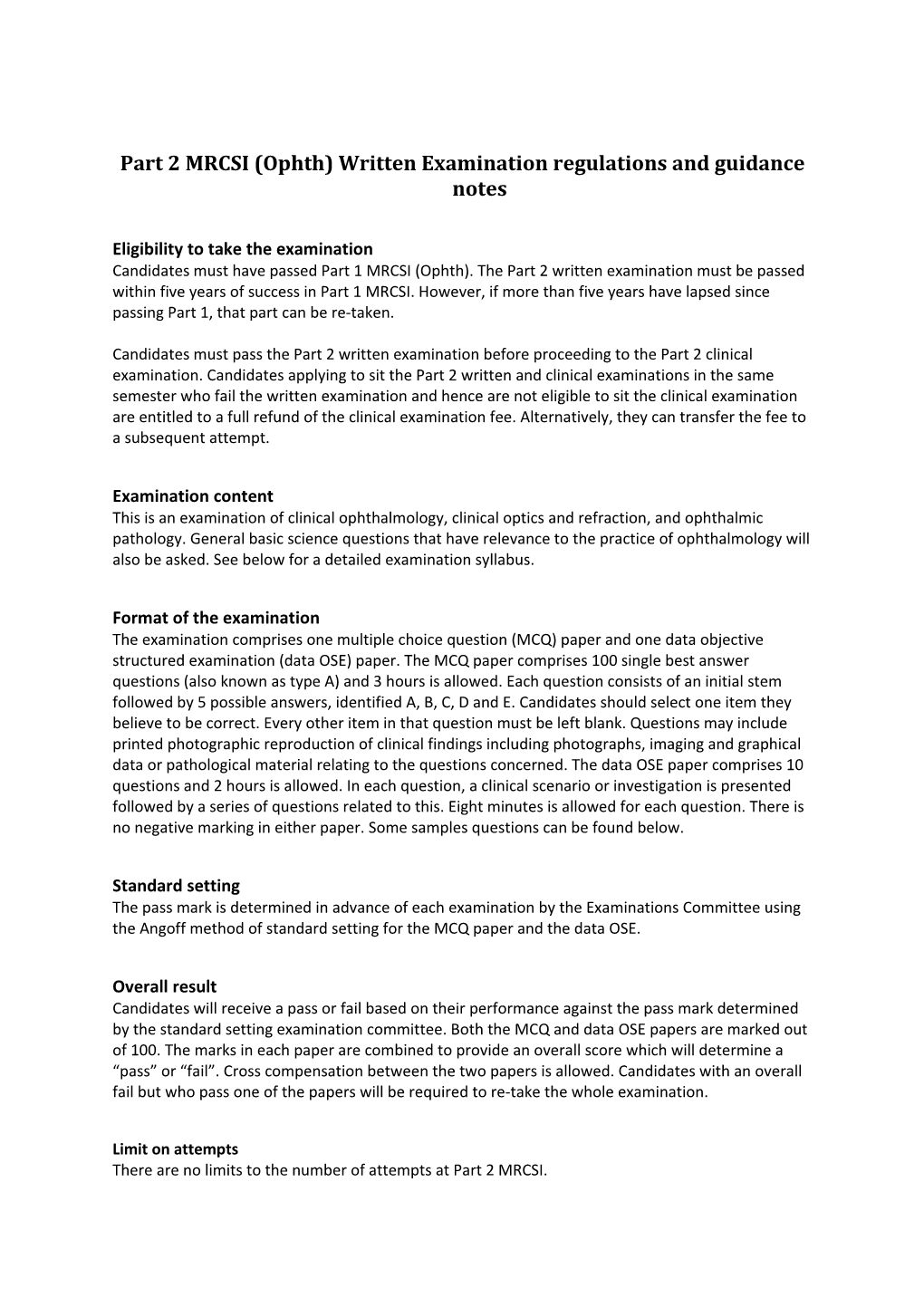 Part 2 MRCSI (Ophth) Written Examination Regulations and Guidance Notes