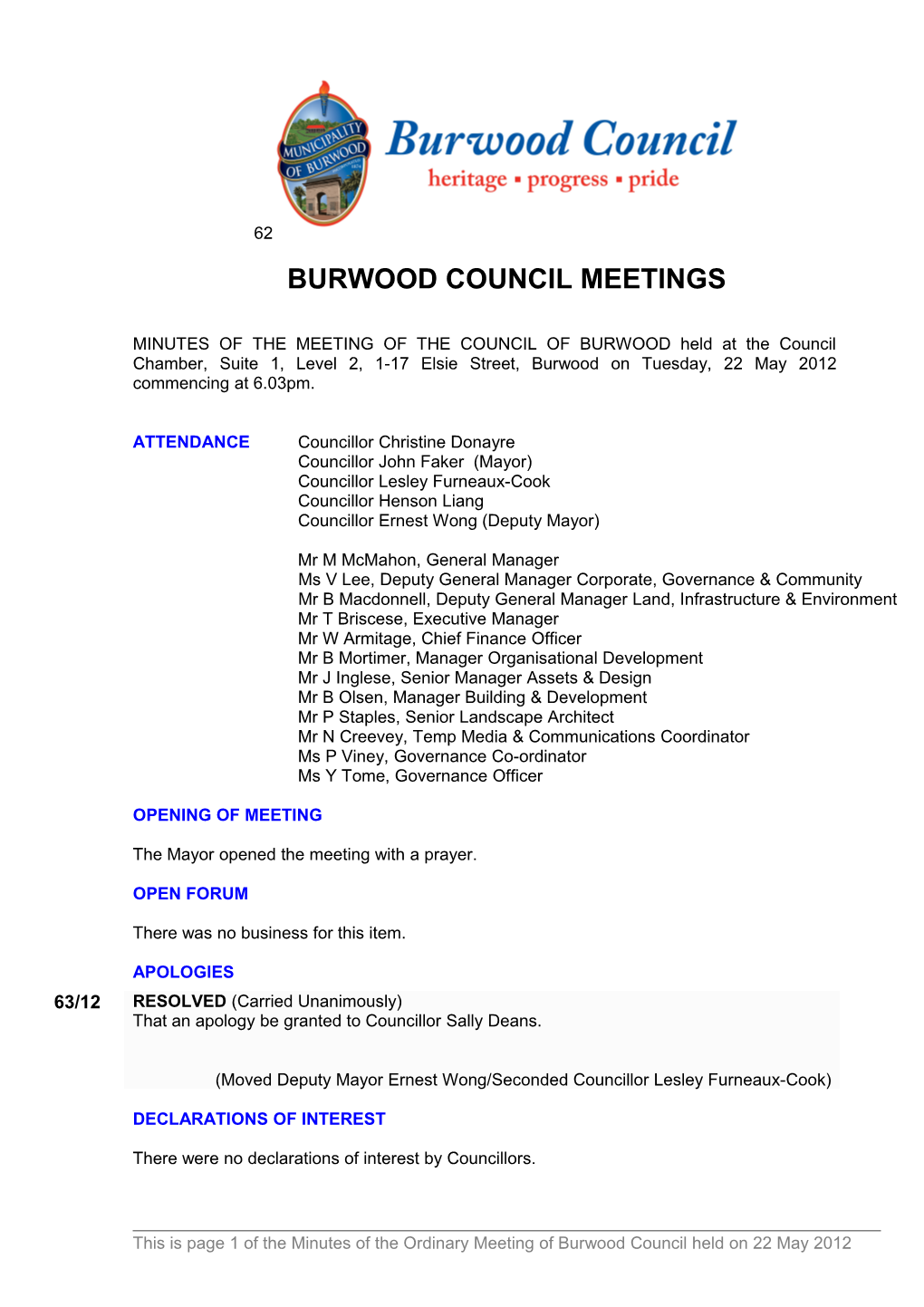 Pro-Forma Minutes of Burwood Council Meetings - 22 May 2012