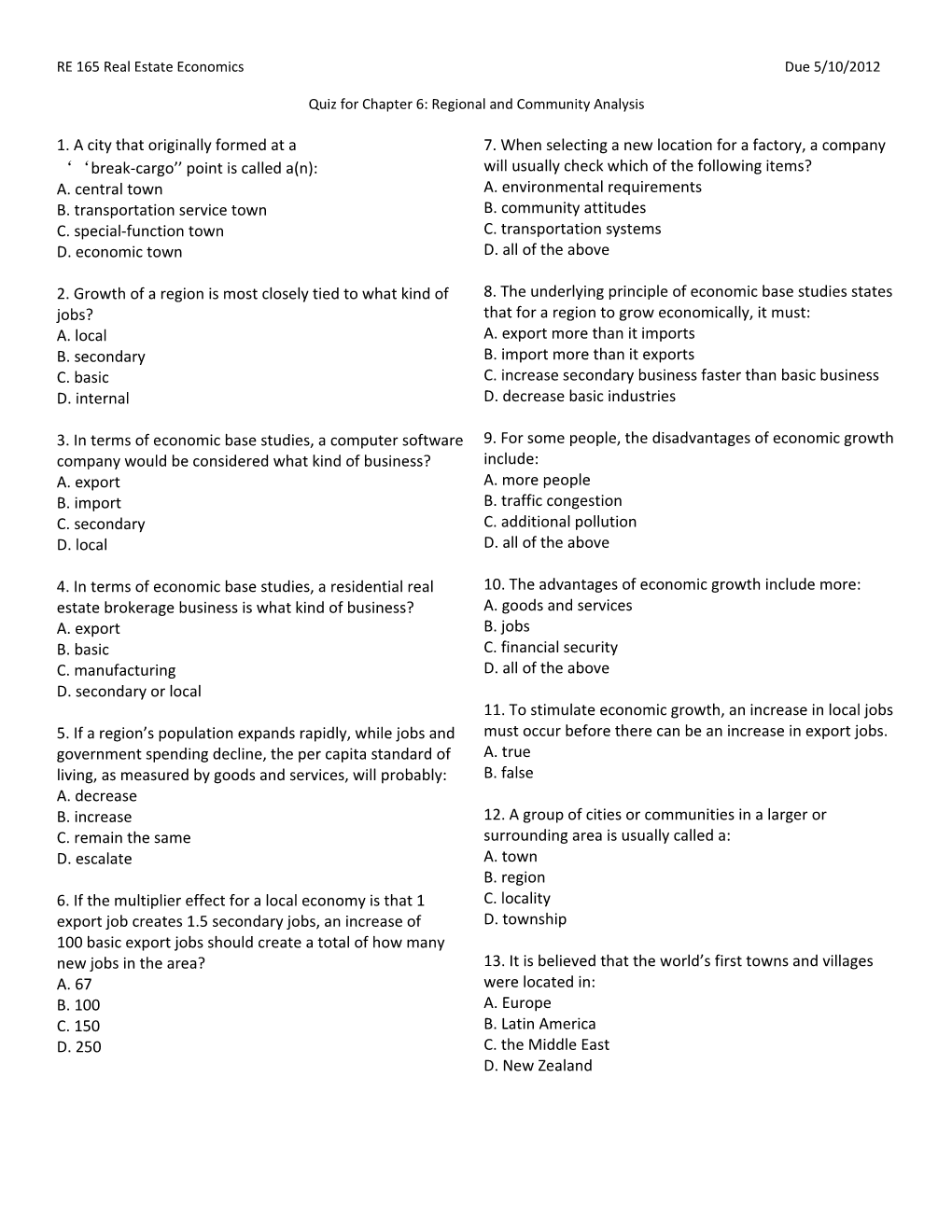 RE 165 Real Estate Economics Due 5/10/2012