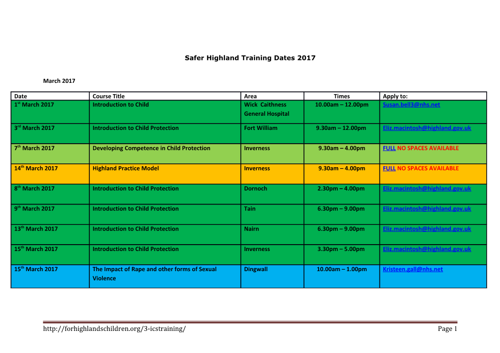 Safer Highland Training Dates 2014/15