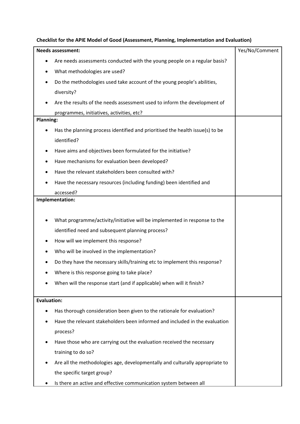 Checklist for the APIE Model of Good (Assessment, Planning, Implementation and Evaluation)