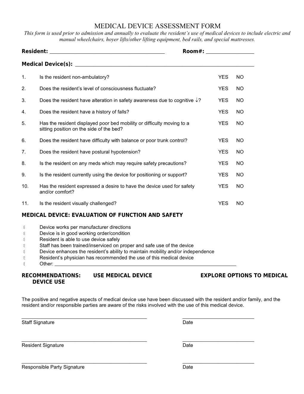 Side -Rail Use Assessment Form