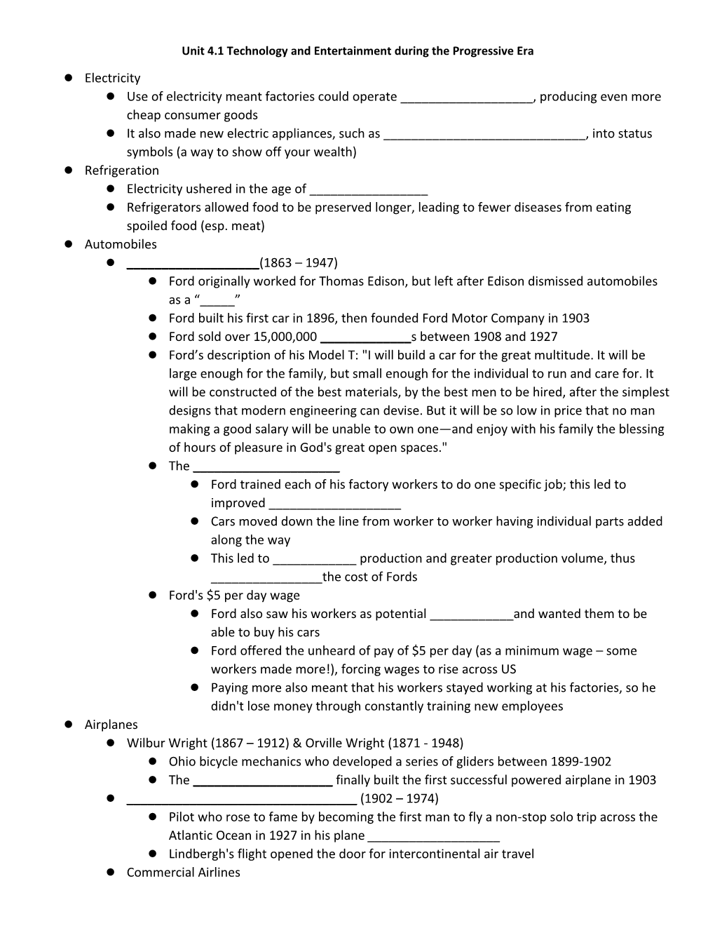 Unit 4.1 Technology and Entertainment During the Progressive Era