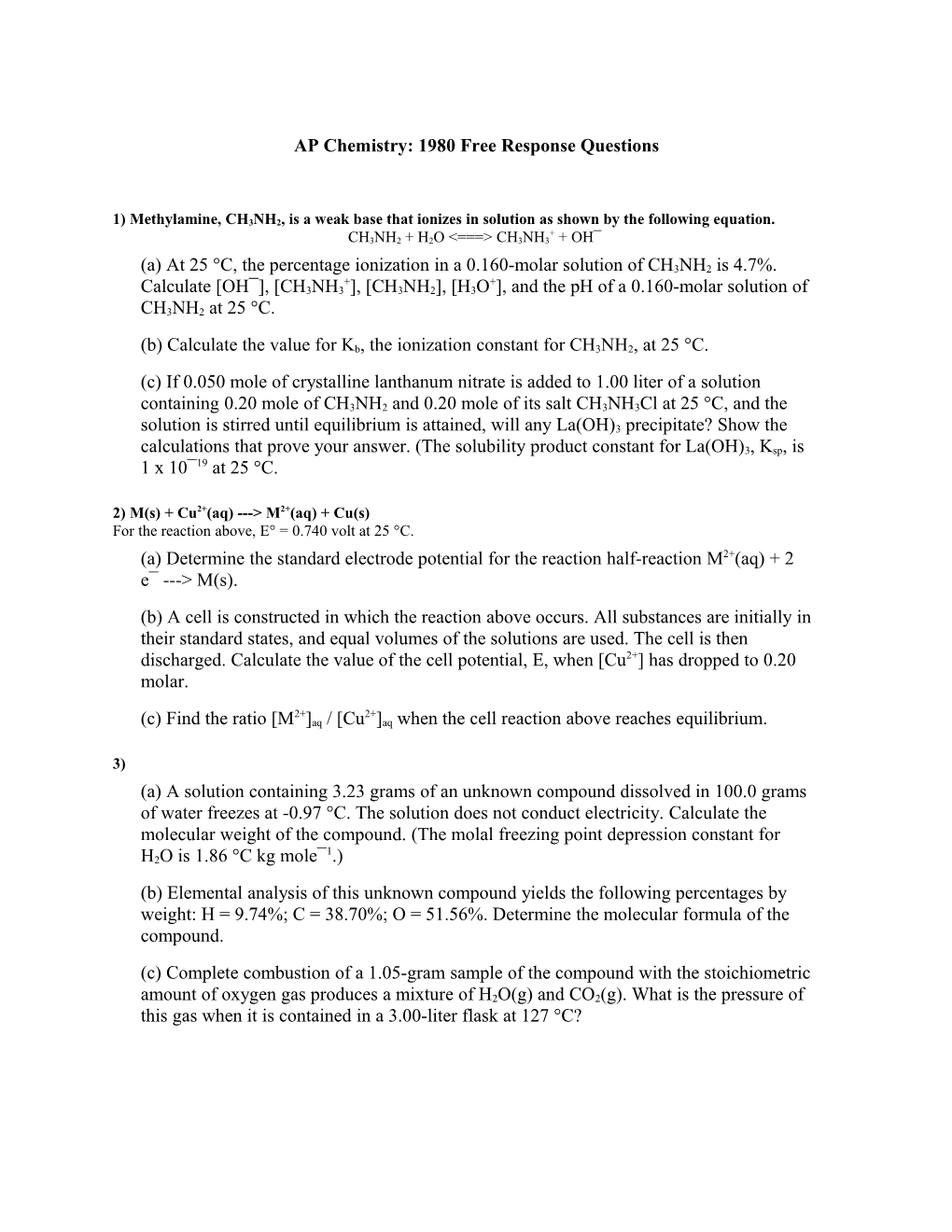 AP Chemistry: 1980 Free Response Questions