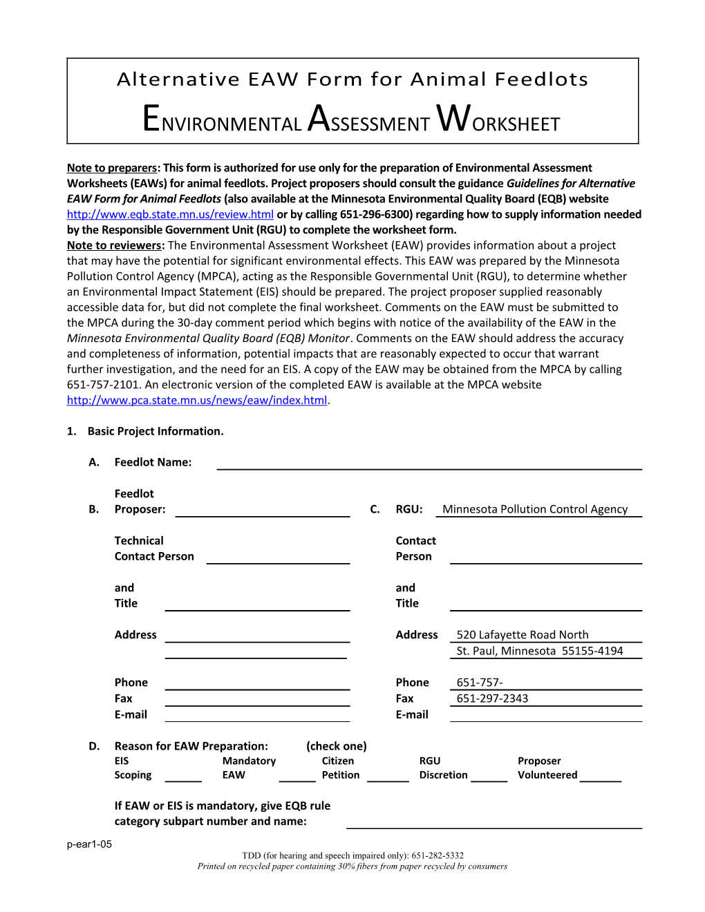 Alternative EAW Form for Animal Feedlots