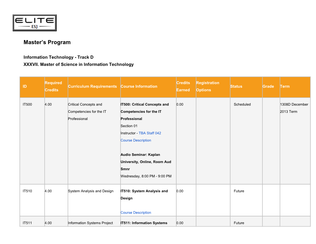 Master S Program Information Technology - Track D XXXVII. Master of Science in Information