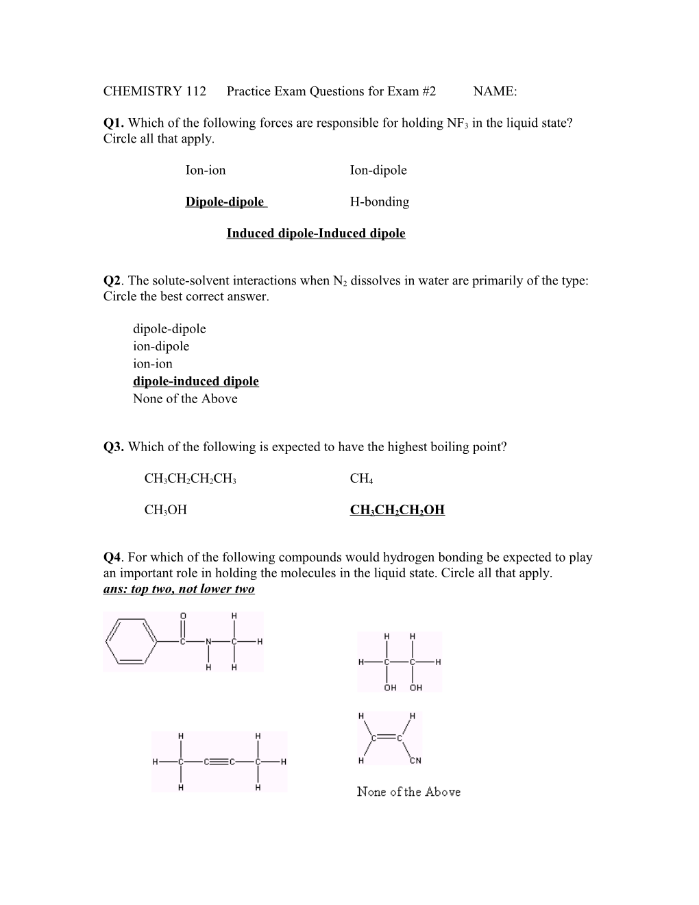 CHEMISTRY 112 Practice Exam Questions for Exam #2 NAME