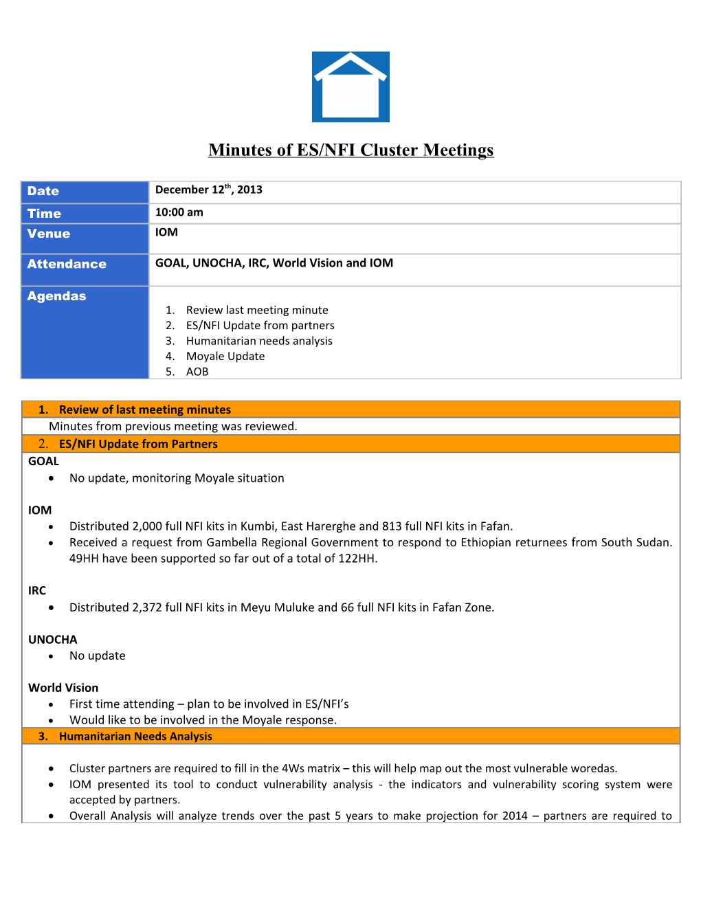 Minutes of ES/NFI Cluster Meetings