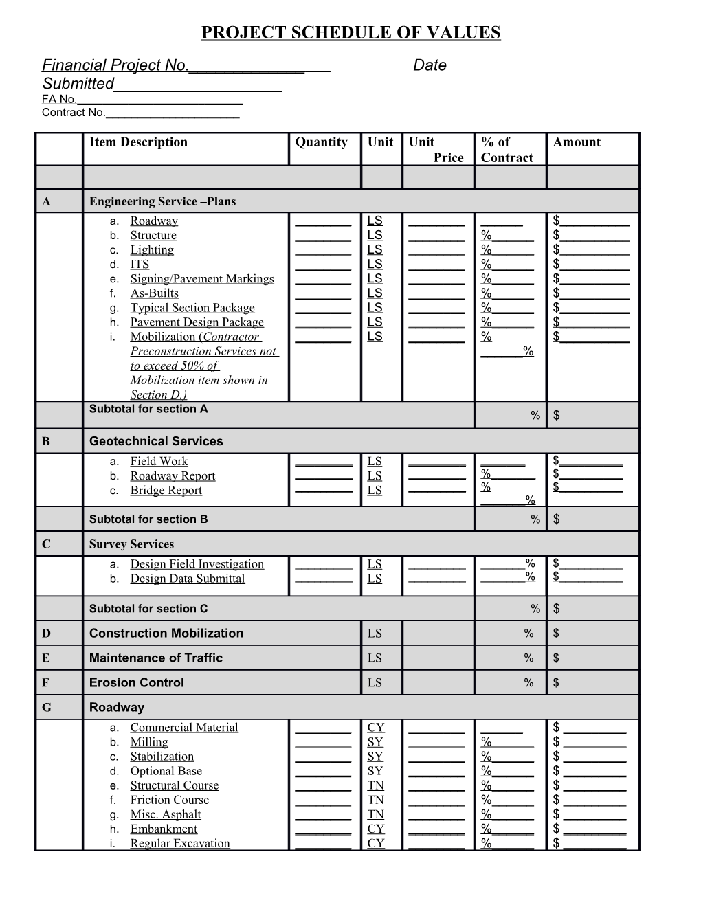 Project Schedule of Values