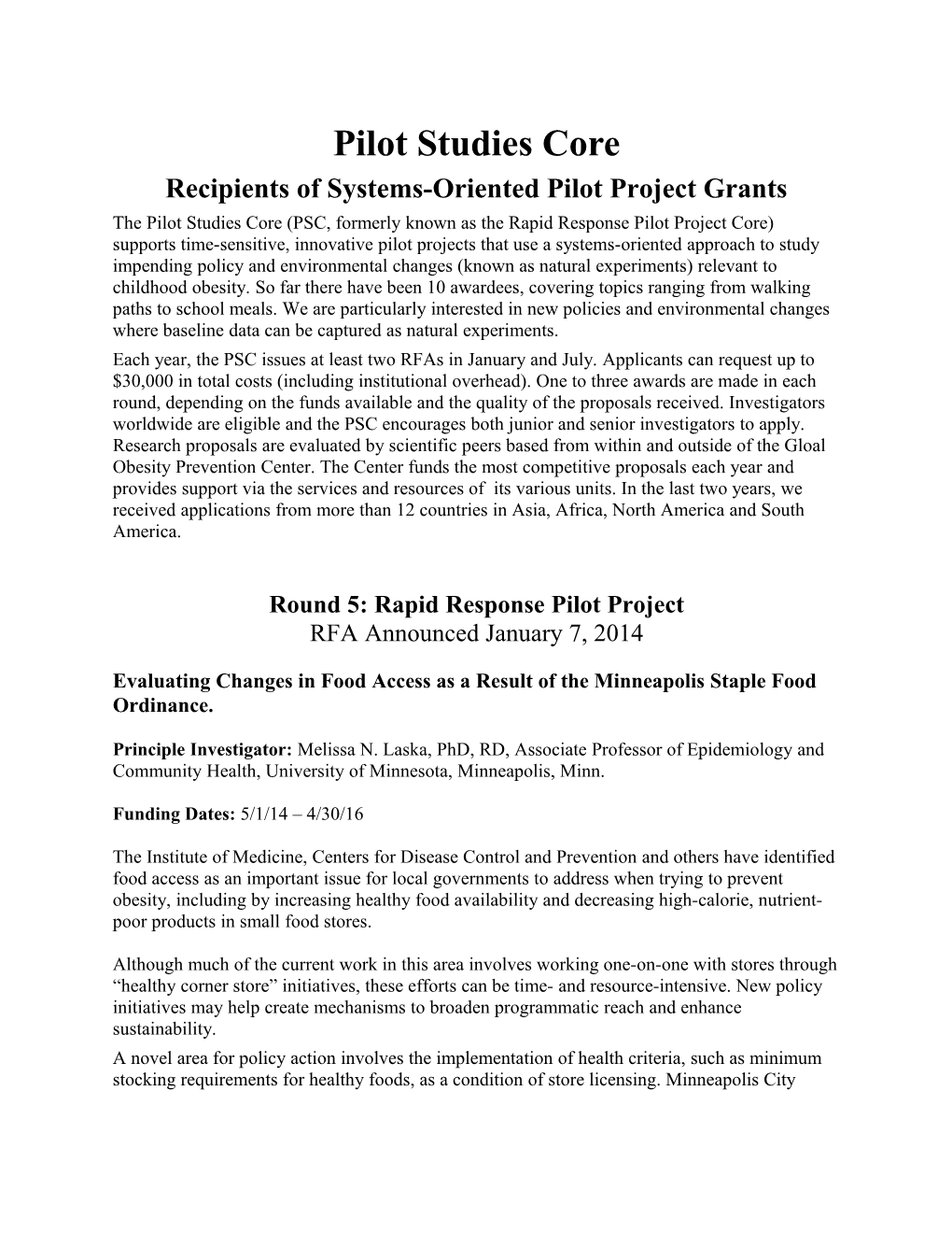 Recipients of Systems-Oriented Pilot Project Grants