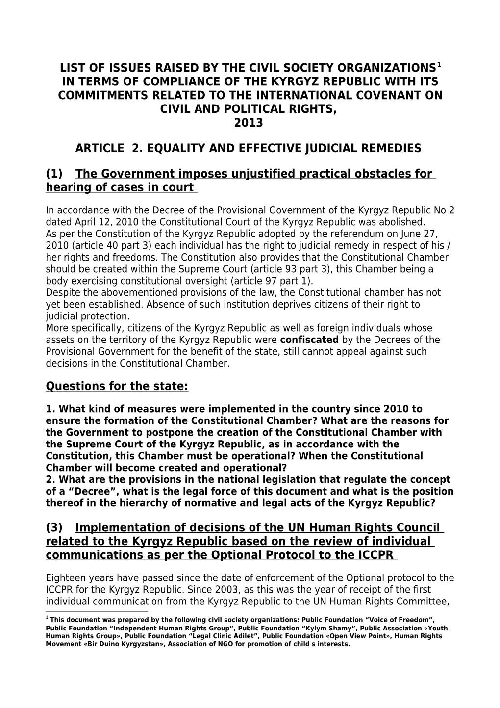 List of Issues Raised by the Civil Society Organizations 1