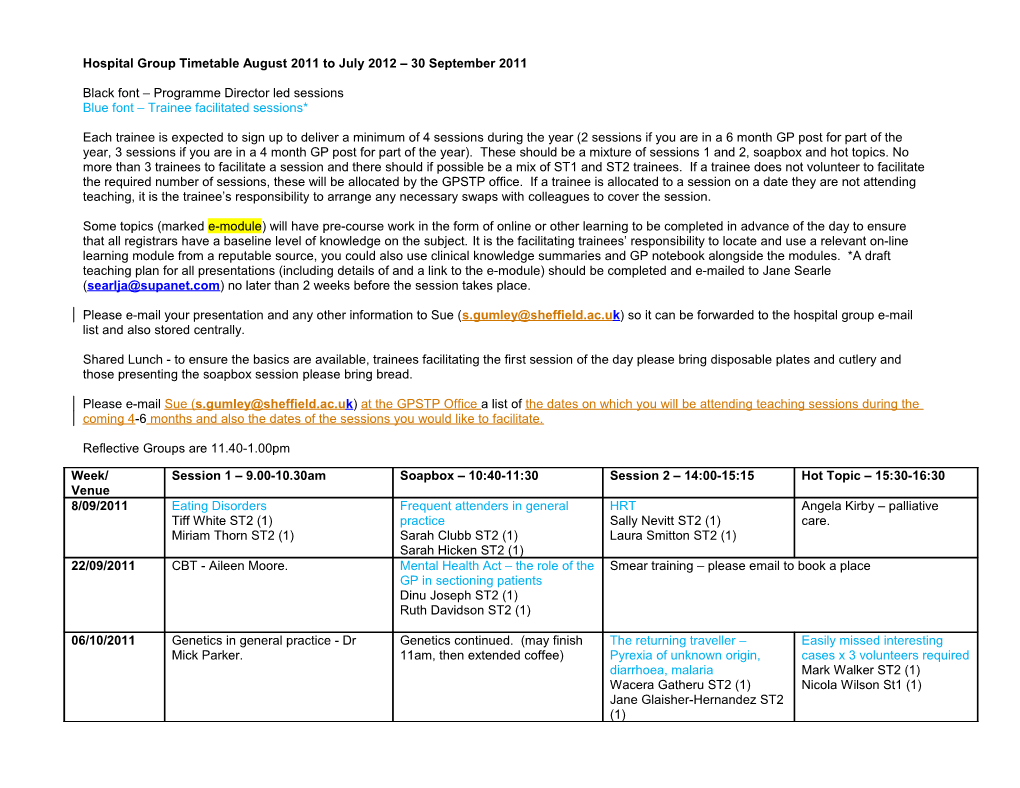 Hospital Group Timetable August 2011 to July 2012 30September 2011