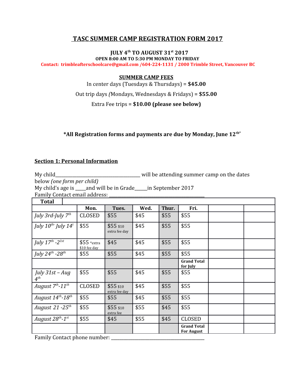 Tasc Summer Camp Registration Form 2017