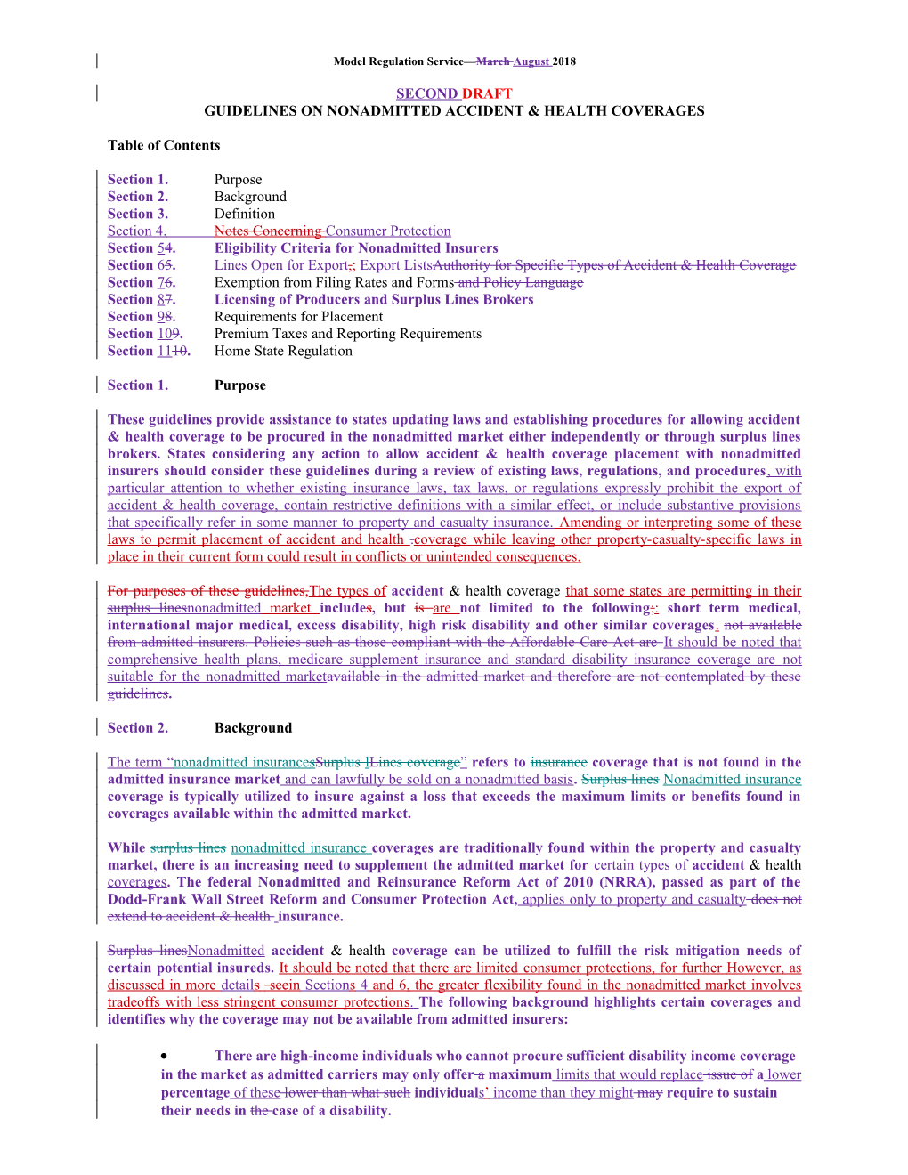 Model Regulation Service March August 2018