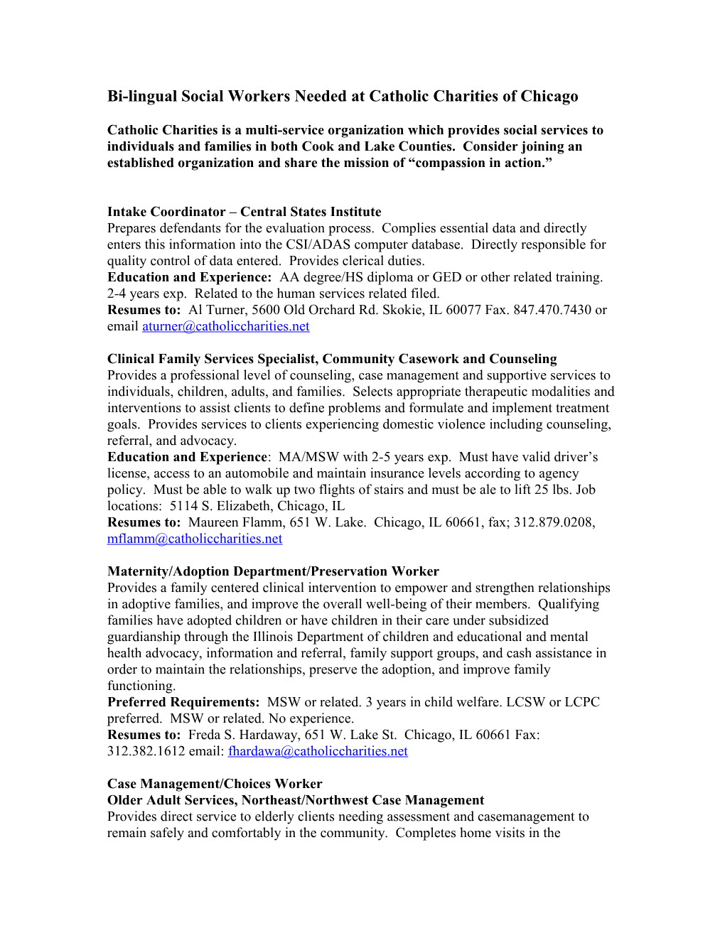 Bi-Lingual Social Workers Needed at Catholic Charities of Chicago