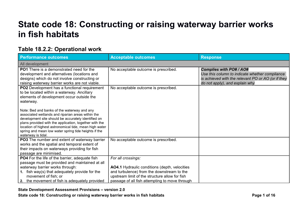 State Code 18: Constructing Or Raising Waterway Barrier Works in Fish Habitats - Response