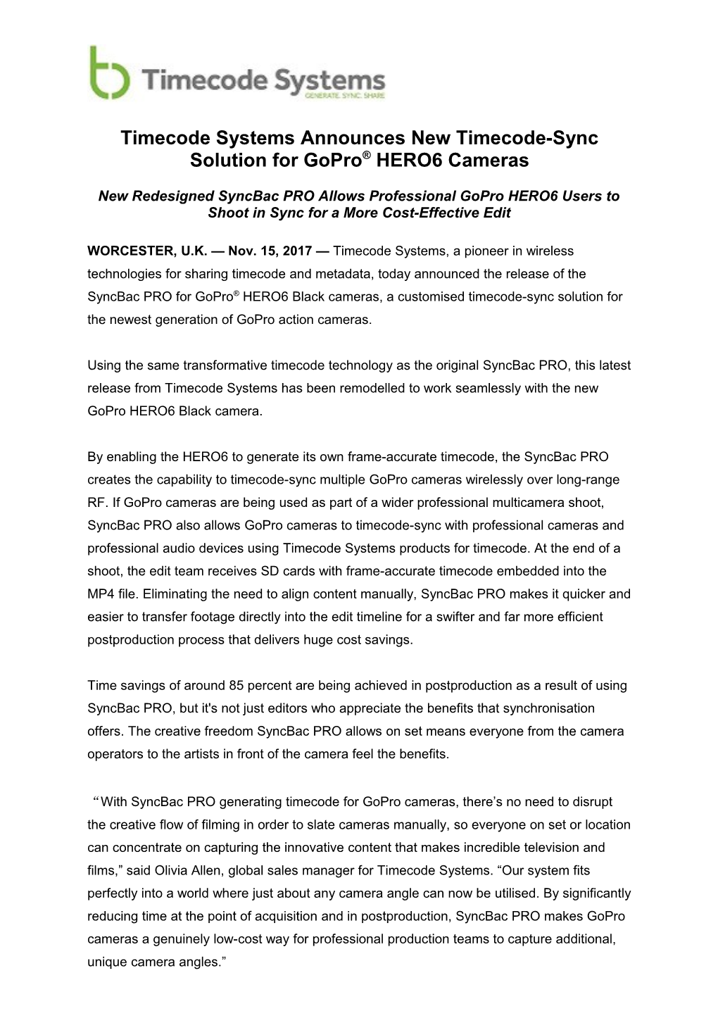 Timecode Systems Press Release