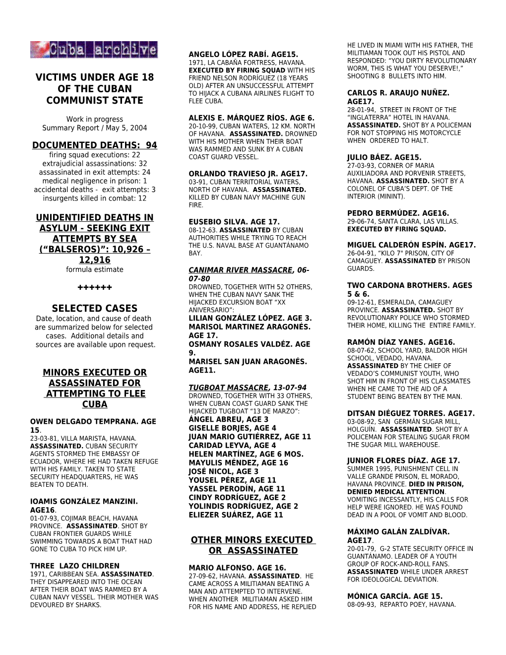 Table 7-B- Deaths of Minors - Partial List