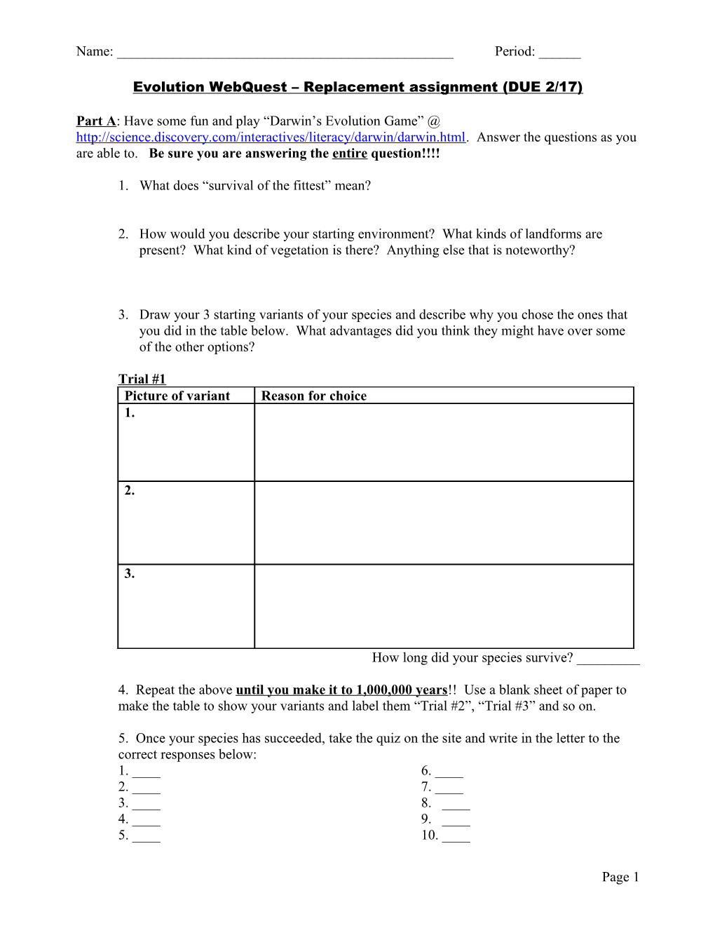 Evolution Webquest Replacement Assignment (DUE 2/17)