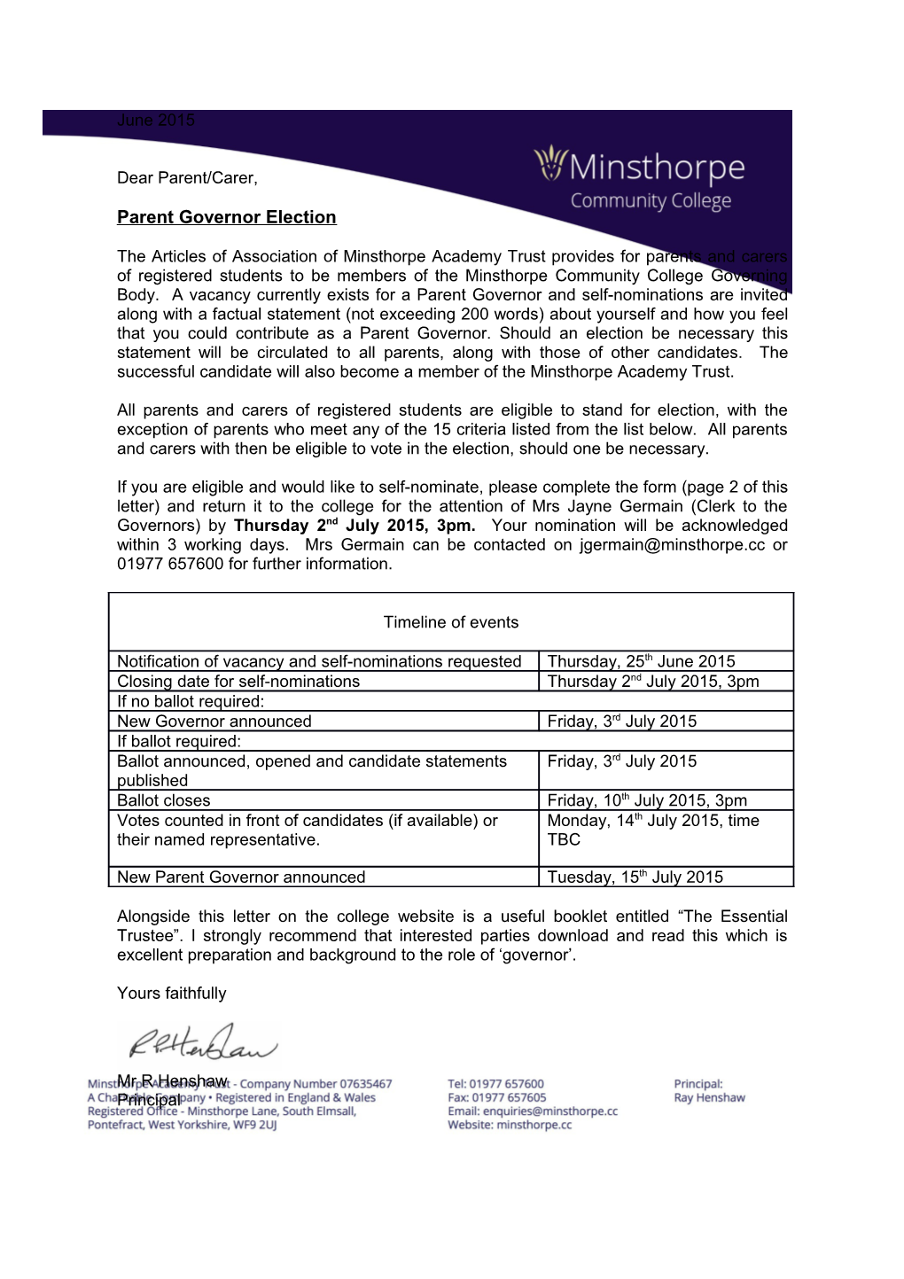 Procedure for the Election of Parent Governor