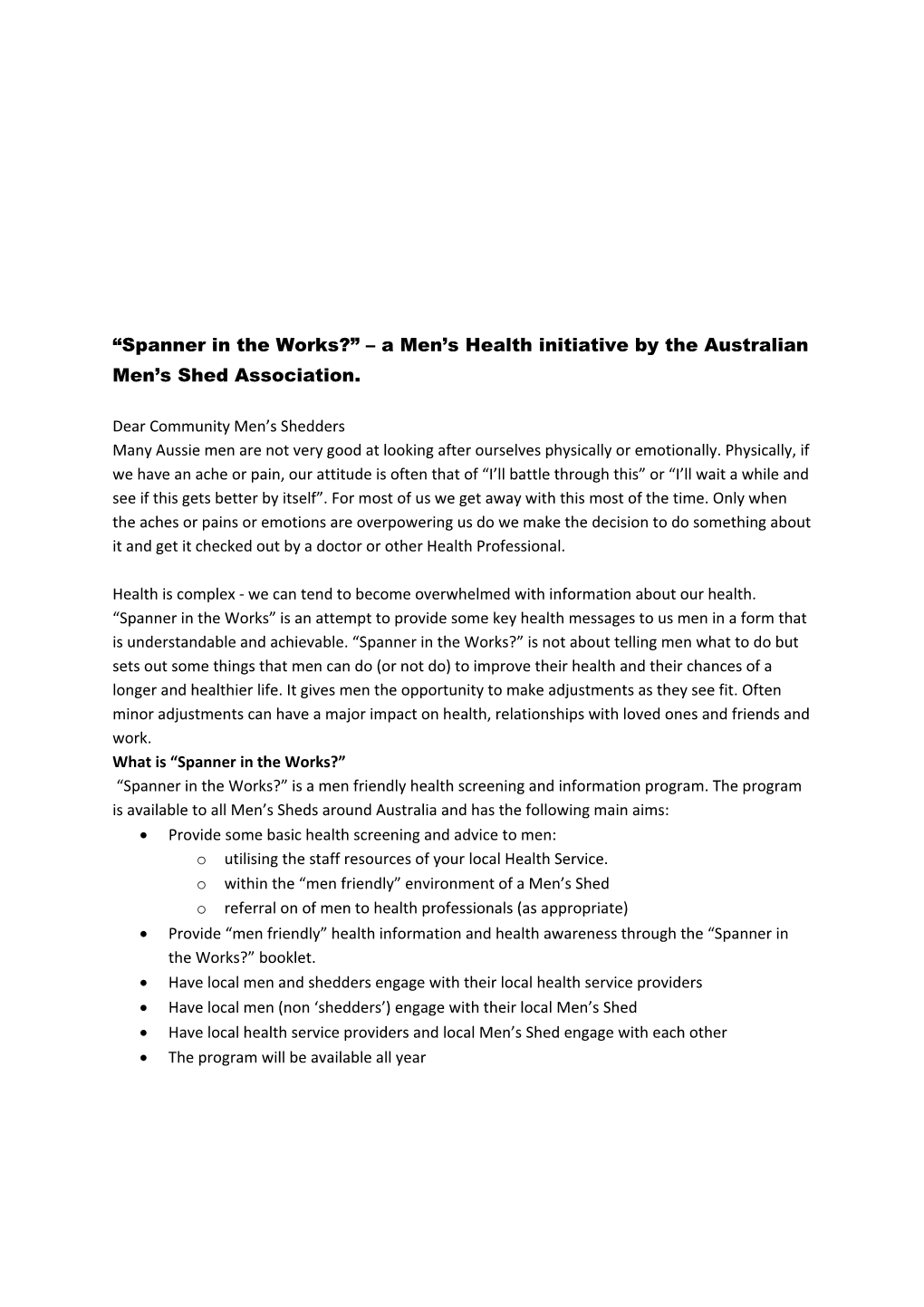 Spanner in the Works? a Men S Health Initiative by the Australian Men S Shed Association