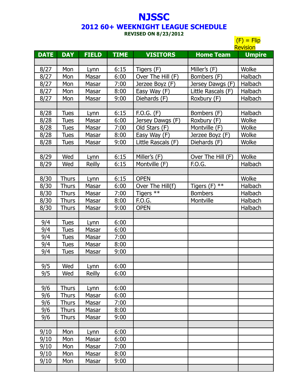 NJSSC 2012 Weeknight 60+ Senior Softball Schedule