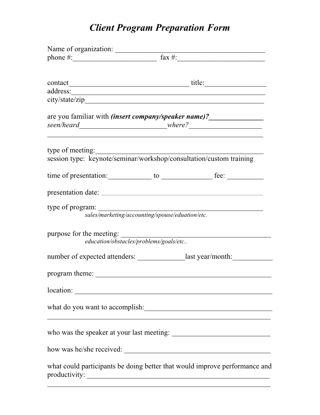 Client Program Preparation Form