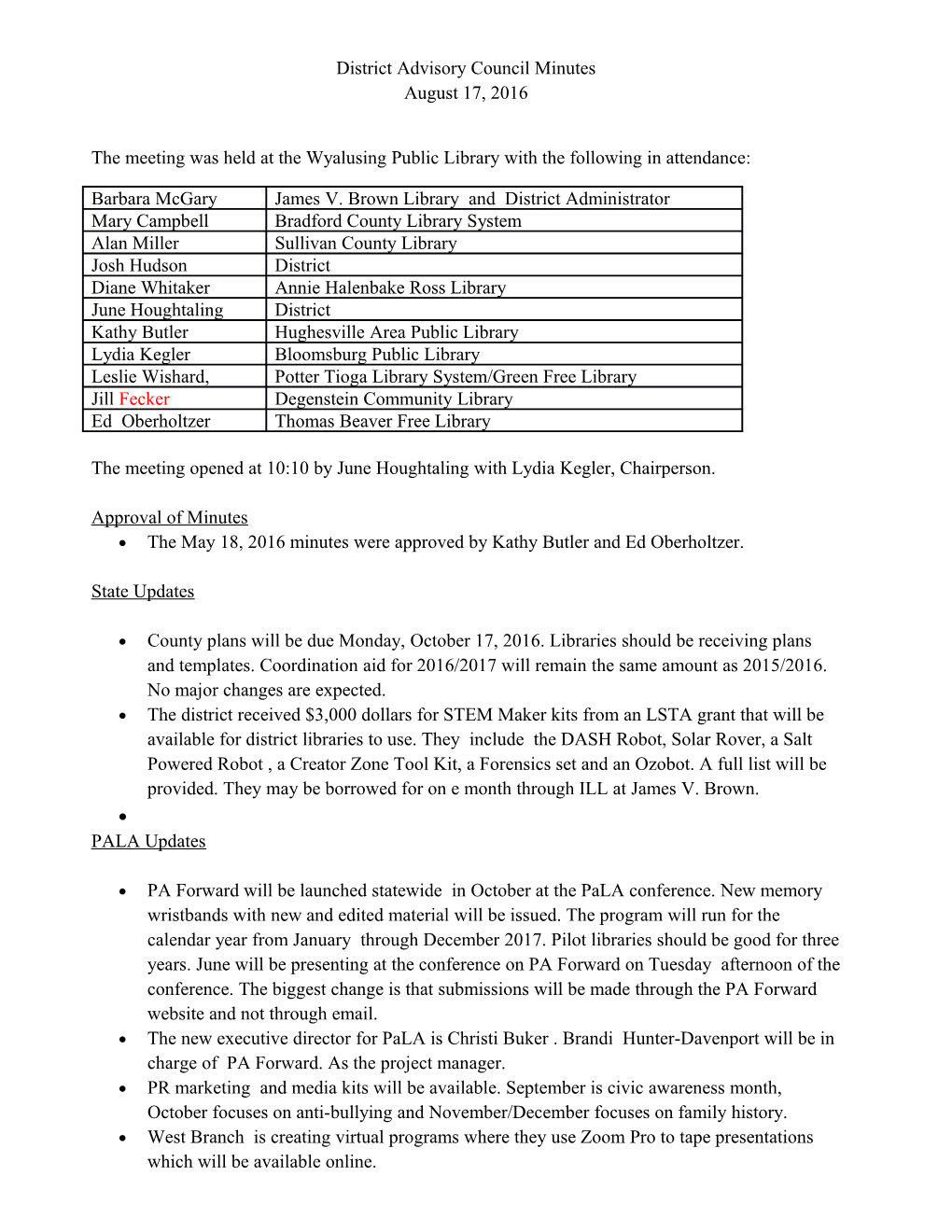 District Advisory Council Minutes